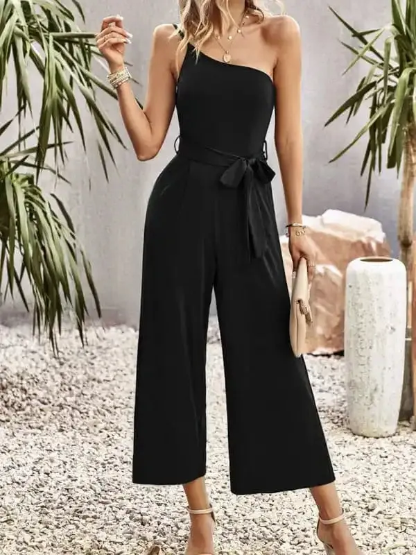 Women’s solid color one-shoulder tie jumpsuit