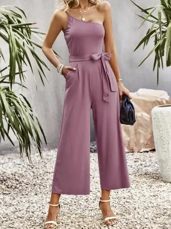 Women’s solid color one-shoulder tie jumpsuit