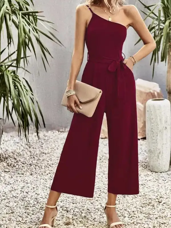 Women’s solid color one-shoulder tie jumpsuit