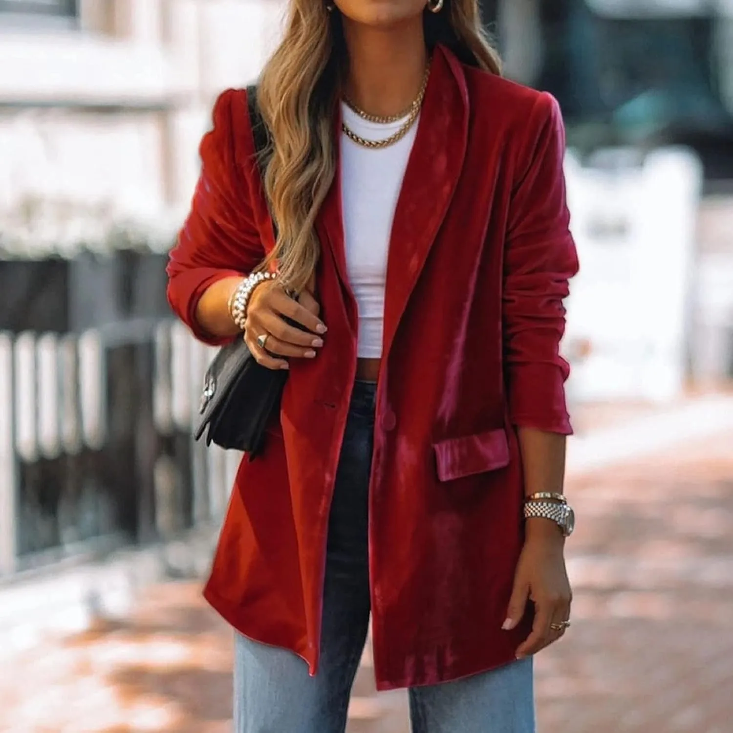Women's Solid Long Sleeve Velvet Blazer Jacket Open Front Cardigan Coat with Pockets Fashion Casual Blazers Outerwear