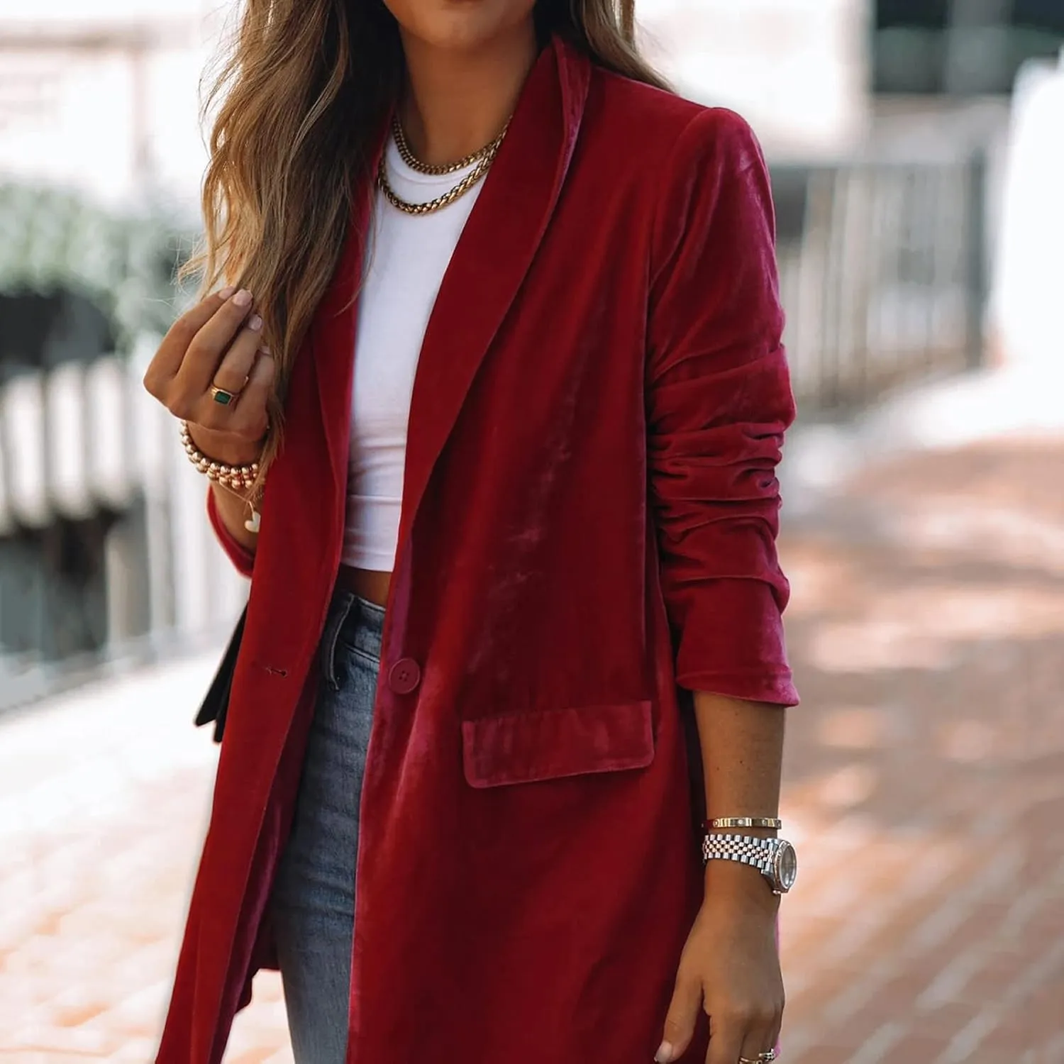 Women's Solid Long Sleeve Velvet Blazer Jacket Open Front Cardigan Coat with Pockets Fashion Casual Blazers Outerwear