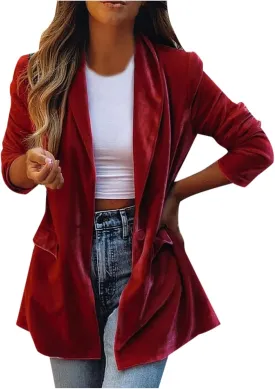 Women's Solid Long Sleeve Velvet Blazer Jacket Open Front Cardigan Coat with Pockets Fashion Casual Blazers Outerwear