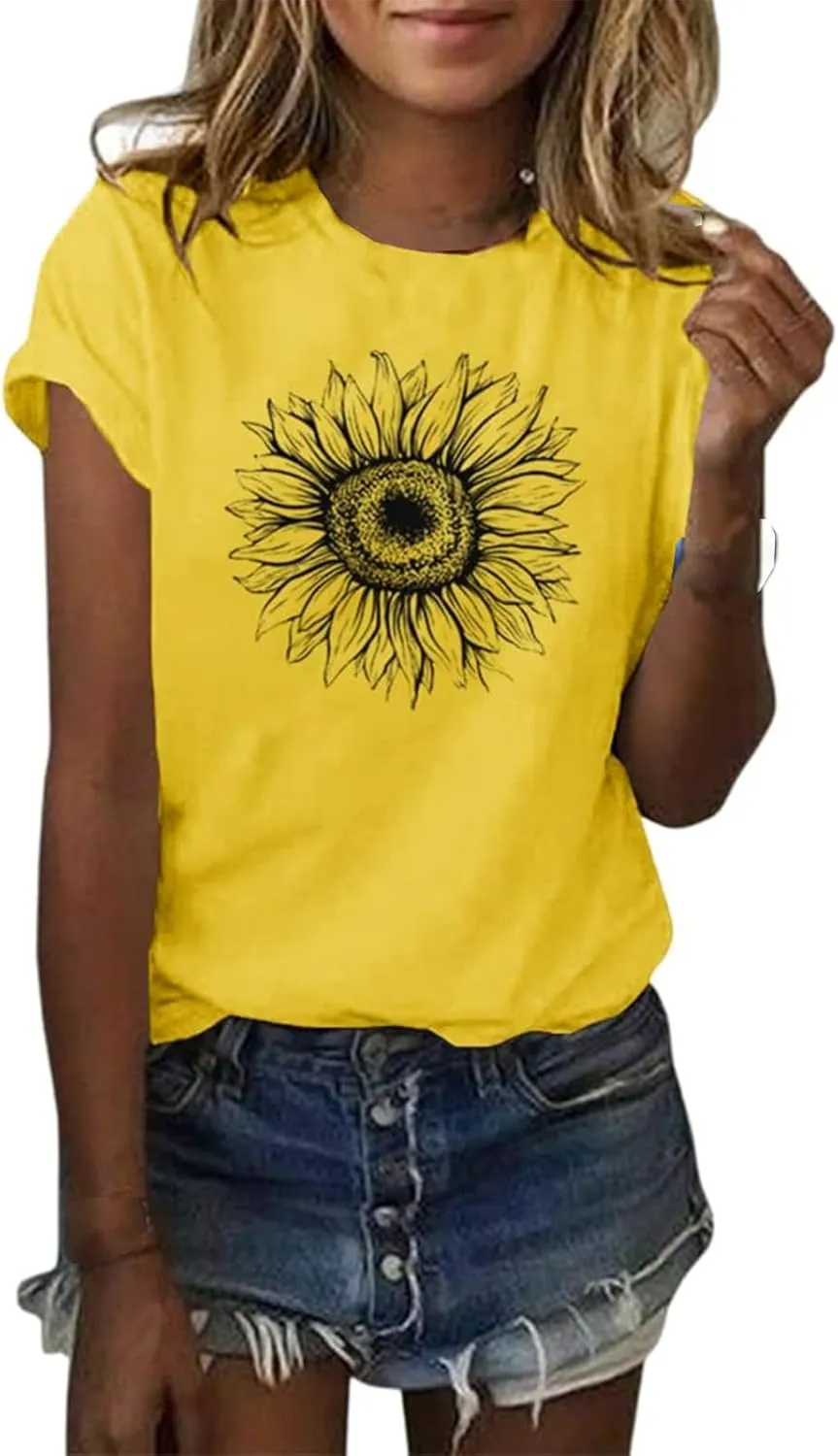 Women's T Shirts Short Sleeve Tees Sunflower Graphic Stretch Slim Summer Tops Female Casual Pattern Print Tank Tops Holiday