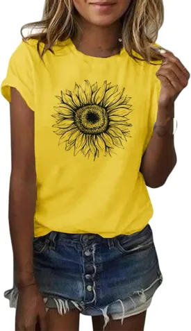 Women's T Shirts Short Sleeve Tees Sunflower Graphic Stretch Slim Summer Tops Female Casual Pattern Print Tank Tops Holiday