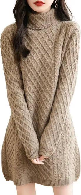 Women's Turtleneck 100% Merino Wool Sweater Dress 2025 Fall Winter Casual Long Sleeve Cable Knit Long Sweater