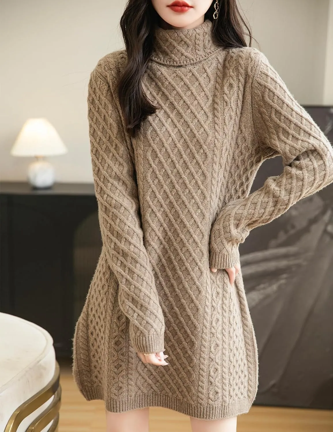 Women's Turtleneck 100% Merino Wool Sweater Dress 2025 Fall Winter Casual Long Sleeve Cable Knit Long Sweater