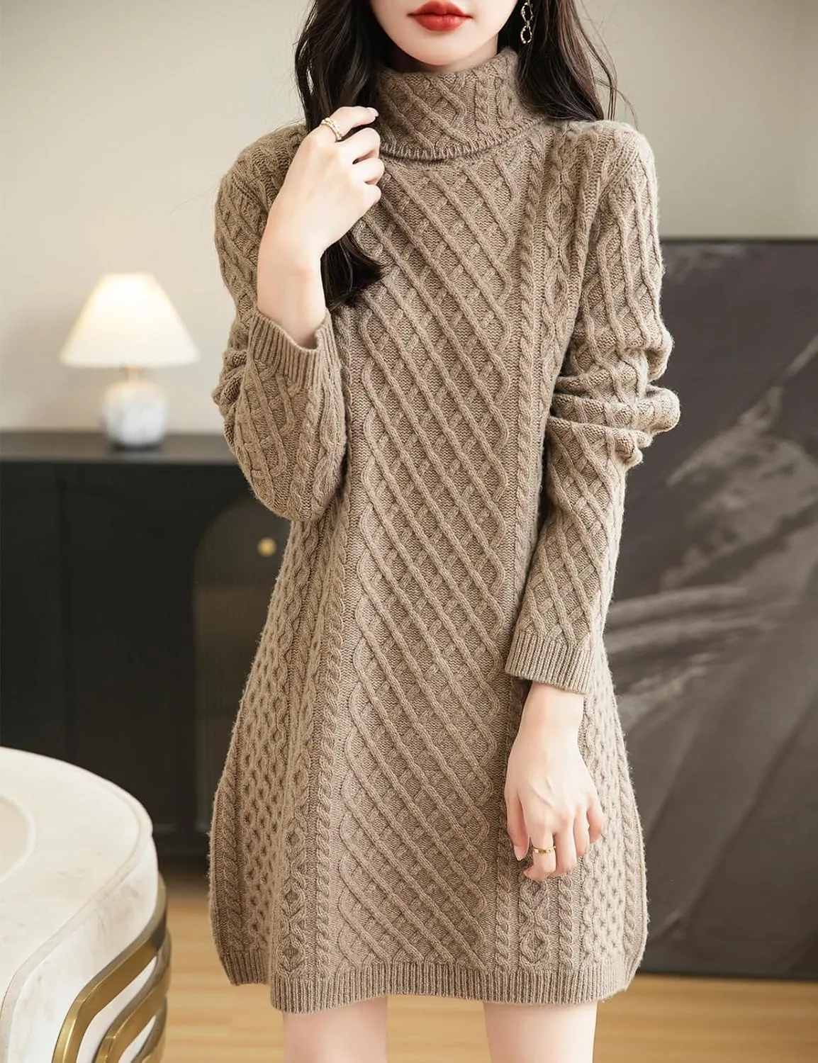 Women's Turtleneck 100% Merino Wool Sweater Dress 2025 Fall Winter Casual Long Sleeve Cable Knit Long Sweater