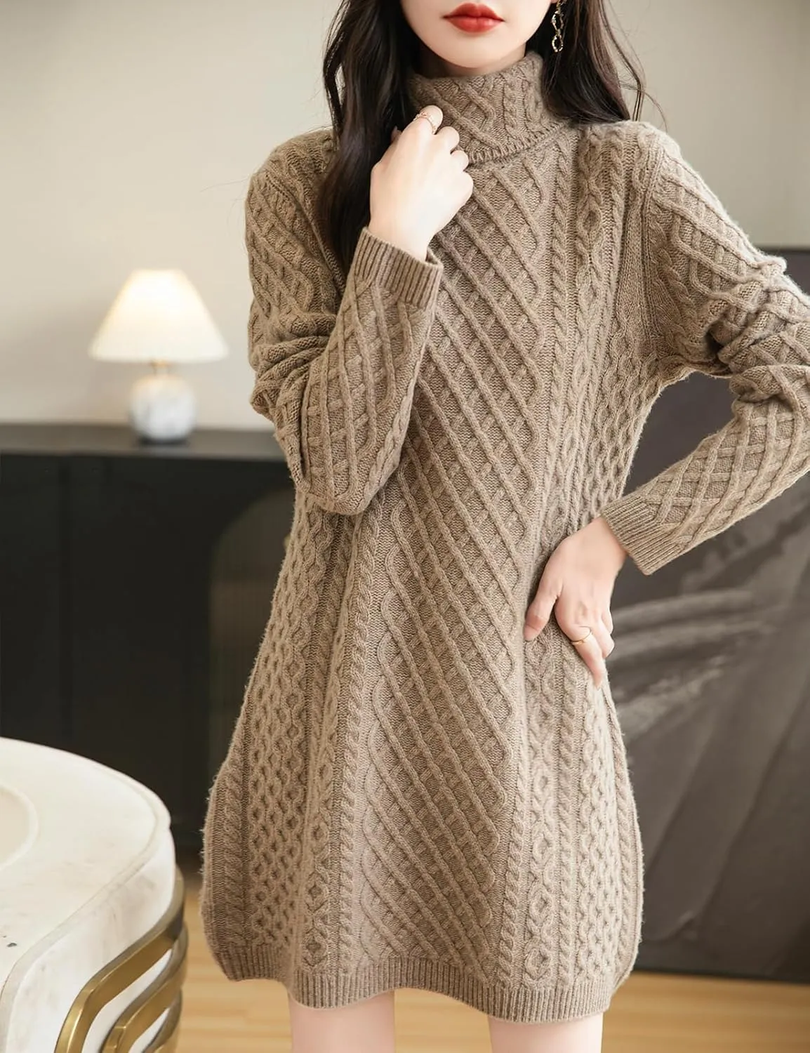 Women's Turtleneck 100% Merino Wool Sweater Dress 2025 Fall Winter Casual Long Sleeve Cable Knit Long Sweater