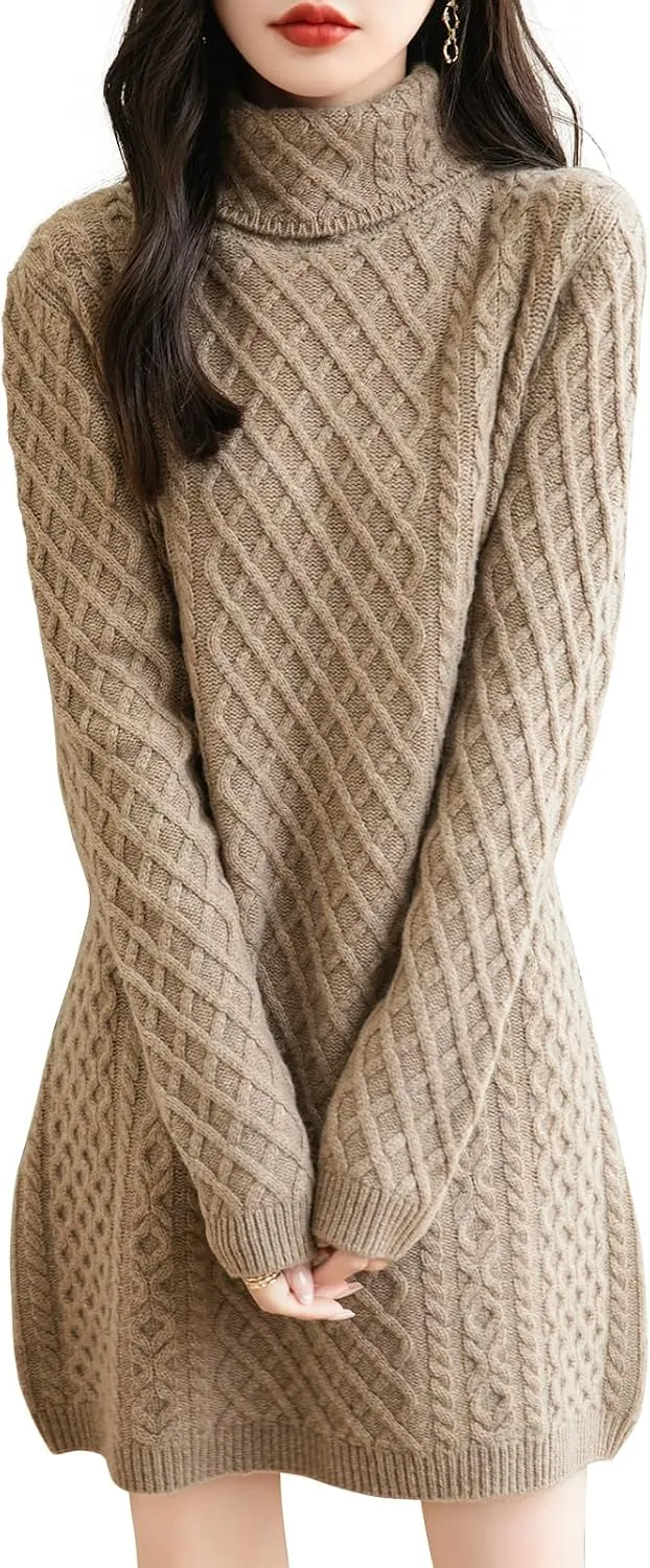 Women's Turtleneck 100% Merino Wool Sweater Dress 2025 Fall Winter Casual Long Sleeve Cable Knit Long Sweater